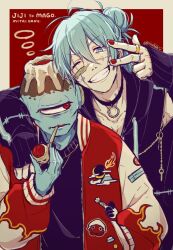 2boys akasuzu3641 alternate_costume alternate_hairstyle blue_eyes blue_hair character_sticker cyclops dagon_(jujutsu_kaisen) gold_ring grin hair_between_eyes hair_bun heterochromia highres holding holding_smoking_pipe jewelry jogo_(jujutsu_kaisen) jujutsu_kaisen long_hair looking_at_another low-tied_long_hair mahito_(jujutsu_kaisen) multiple_boys multiple_rings nail_polish one-eyed one_eye_closed parted_lips red_nails ring single_side_bun smile smoking_pipe stitched_arm stitched_face stitched_neck stitches upper_body v v_over_eye volcano yellow_eyes