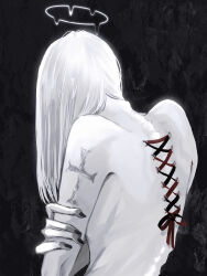 absurdres androgynous back black_nails corset_piercing from_behind greyscale halo highres houzuki_rai long_hair melting_halo monochrome nape original pale_skin piercing red_ribbon ribbon shoulder_tattoo simple_background solo spine spot_color tattoo topless_female upper_body white_hair