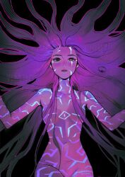 1girl absurdres alternate_hairstyle black_background body_markings breasts glowing glowing_eye glowing_markings hair_down hair_over_breasts heterochromia highres kpop_demon_hunters long_hair looking_at_viewer navel outstretched_arms purple_hair rumi_(kpop_demon_hunters) small_breasts solo stomach very_long_hair vvvimint