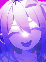 1girl :d ^_^ aubrey_(headspace)_(omori) aubrey_(omori) bow close-up closed_eyes colored_skin double-parted_bangs facing_viewer film_grain hair_between_eyes hair_bow head_tilt highres long_hair my_loleeta omori open_mouth pink_background portrait purple_bow purple_hair round_teeth shirt sidelocks simple_background smile solo straight-on teeth tongue upper_teeth_only v-shaped_eyebrows white_skin