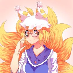 animal_ears animal_hat blonde_hair blush fox_ears fox_tail glasses hanaarts hands_in_opposite_sleeves hat kitsune multiple_tails short_hair solo tail touhou yakumo_ran