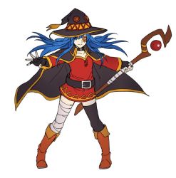 Rule 34 | 1girl, asymmetrical legwear, bandaged leg, bandages, belt, black gloves, blue eyes, blue hair, boots, cape, cosplay, dress, eyepatch, female focus, fingerless gloves, fire emblem, fire emblem: the binding blade, full body, gloves, hat, holding, holding staff, kamu (kamuuei), kono subarashii sekai ni shukufuku wo!, lilina (fire emblem), long hair, long sleeves, megumin, megumin (cosplay), nintendo, orange boots, red dress, simple background, single thighhigh, solo, staff, standing, thighhighs, uneven legwear, white background, witch hat