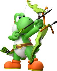 1boy 3d absurdres aiming arms_up arrow_(projectile) belt big_nose blue_eyes bow_(weapon) closed_mouth colored_skin drawing_bow full_body furry furry_male green_skin highres holding holding_bow_(weapon) holding_weapon lizard_tail male_focus mario_&amp;_sonic_(series) mario_&amp;_sonic_at_the_tokyo_2020_olympic_games mario_(series) multicolored_skin nintendo official_art orange_shoes outstretched_arm quiver reptile_boy serious shell shoes simple_background solo tail third-party_source transparent_background two-tone_skin weapon white_skin yoshi