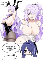... 2girls acheron_(honkai:_star_rail) animal_ears arm_above_head black_gloves black_swan_(honkai:_star_rail) blush breasts chibi dress gloves hair_ornament hair_over_one_eye hairpin highres honkai:_star_rail honkai_(series) hsk10107 implied_yuri korean_commentary korean_text large_breasts leotard long_hair multiple_girls one_eye_closed pantyhose pink_hair playboy_bunny ponytail purple_hair rabbit_ears smile speech_bubble translation_request very_long_hair white_dress