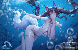 1girl absurdres air_bubble animal_ear_fluff animal_ears anklet armlet artist_name bare_shoulders bikini black_hair blue_eyes bracelet breasts bubble commentary crossed_bangs cupless_bikini english_commentary fish fox_ears fox_girl fox_tail goldenmiocola heart heart_tattoo highres huge_breasts jewelry long_hair multicolored_hair navel necklace nipples original parted_lips pink_hair purple_bikini purple_hair school_of_fish streaked_hair swimsuit tail tattoo twintails underwater very_long_hair