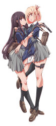 2girls arm_around_shoulder backpack bag black_hair black_socks blonde_hair blue_dress brown_shoes commentary dress gun hair_ribbon hand_on_another&#039;s_arm hand_on_another&#039;s_waist handgun highres holding holding_gun holding_weapon inoue_takina kneehighs leg_between_thighs loafers long_hair looking_at_viewer lycoris_recoil lycoris_uniform medium_hair multiple_girls nishikigi_chisato one_side_up parted_lips purple_eyes red_eyes red_ribbon ribbon shoes short_sleeves simple_background socks thigh_strap weapon white_background yazawa_mana yuri