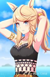 1girl adjusting_hair animal_ears arms_up bikini black_bikini blue_eyes blue_sky blurry blurry_background bracelet breasts cleavage commentary_request covered_navel day ear_ornament gold_armlet gold_bracelet gold_city_(boho_flare)_(umamusume) gold_city_(umamusume) gold_necklace highres horse_ears horse_girl jewelry kasumi_uzuki looking_at_viewer medium_breasts necklace ocean official_alternate_costume outdoors parted_lips sidelocks sky solo sweatdrop swimsuit umamusume upper_body water