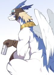 1boy absurdres alcohol aviator_cap aviator_goggles beer beer_can black_eyes blonde_hair blue_background blue_fur blush body_fur brown_gloves can dragon_boy drink_can drunk feathered_wings furry furry_male gloves gradient_background highres holding holding_can hufy jewelry legendz looking_to_the_side male_focus neck_ring shiron_(legendz) simple_background sitting white_fur white_wings wings