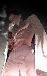 Rule 34 | 1boy, abs, black hair, cigarette, commentary request, cross scar, dark background, from side, hand in pocket, highres, holding, holding cigarette, jacket, korean commentary, looking down, lookism, male focus, mora (moraippai), mouth hold, muscular, muscular male, pants, park jong-geon, scar, scar on chest, scar on face, shirt, short hair, simple background, smoke, smoke trail, smoking, solo, solo focus, tattoo, tattoo sleeve, topless male, unworn shirt, upper body