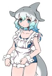 010mzam 1girl alternate_costume apron bare_shoulders blowhole blue_eyes blue_hair blue_one-piece_swimsuit blush cetacean_tail collarbone common_bottlenose_dolphin_(kemono_friends) cowboy_shot dorsal_fin enmaided fins fish_tail frilled_apron frills grey_hair hair_between_eyes head_fins highres kemono_friends long_hair looking_at_viewer maid maid_apron multicolored_hair one-piece_swimsuit school_uniform sidelocks sleeveless solo swimsuit tail white_hair wrist_cuffs