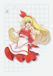 1girl animal animal_on_shoulder apron blonde_hair bow cat corrupted_twitter_file double_v dress ellen_(touhou) full_body guumin hairband highres jumping long_hair pet phantasmagoria_of_dim.dream puffy_short_sleeves puffy_sleeves red_bow red_hairband red_vest ribbon shirt short_sleeves skirt smile sokrates_(touhou) solo touhou touhou_(pc-98) v vest waist_apron warped white_cat white_shirt yellow_eyes