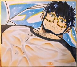 1boy bara beard blue_hair covered_erect_nipples facial_hair full_beard glasses highres huge_pectorals live_a_hero looking_at_viewer male_focus muscular muscular_male mustache_stubble osu_(osumankokuou) pectoral_cleavage pectorals photo_(medium) raglan_sleeves sanpaku santetsu_(live_a_hero) shikishi shirt short_hair solo sparse_chest_hair stubble thick_eyebrows upper_body wet wet_clothes wet_hair wet_shirt