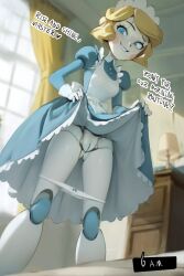 1girl :d android blue_dress blue_eyes blush_stickers bow bow_panties brown_hair cleft_of_venus clothes_lift commentary curtains dress dress_lift emmy_(emmy_the_robot) emmy_the_robot english_commentary english_text eyelashes gloves highres indoors joints lamp looking_at_viewer maid maid_headdress muntins nightstand open_mouth pale_skin panties panty_pull parted_lips pussy robot_joints short_hair smewed smile solo underwear white_gloves white_panties window