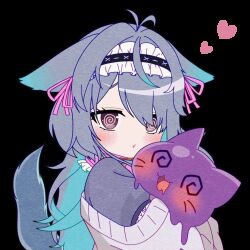 1girl @_@ animal_collar animated animated_gif antenna_hair black_hairband blue_hair blush cardigan collar colored_inner_hair colored_tips frilled_hairband frills grey_hair hairband heart hug indie_virtual_youtuber kyarako_0220 long_hair menace_mamaki multicolored_hair off_shoulder pink_collar purple_eyes second-party_source tail tail_wagging upper_body virtual_youtuber white_cardigan