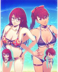 2girls alternate_costume beach bikini bikini_tan black_bikini blue_sky breasts cleavage closed_mouth collarbone commentary_request corner50777313 cow front-tie_bikini_top front-tie_top full_body glasses highres long_hair looking_at_viewer multiple_girls multiple_views ocean parted_lips persona persona_5 persona_5_the_royal ponytail red_eyes red_hair siblings sisters sky smile standing swimsuit tan tanline teeth thigh_strap yoshizawa_kasumi yoshizawa_sumire