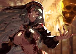 1girl ayamatazu backlighting bare_shoulders blood blood_on_face blood_on_hands blood_splatter braid breasts breasts_apart closed_mouth commentary forehead forest gold_trim grey_hair hair_ornament half-closed_eyes jewelry large_breasts long_hair nature necklace off_shoulder original outdoors pink_eyes puffy_sleeves revealing_clothes shaded_face skull smile solo upper_body very_long_hair