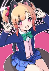 Rule 34 | 1girl, \m/, ahoge-tan, alternate hairstyle, animal ear headphones, animal ears, blonde hair, blue archive, blue jacket, blue skirt, blush, bow, bowtie, cat ear headphones, collared shirt, commentary, cosplay, double \m/, english commentary, fake animal ears, green bow, green bowtie, hands up, headphones, highres, jacket, long sleeves, looking at viewer, love live!, love live! school idol project, momoi (blue archive), nico nico nii, open clothes, open jacket, open mouth, otonokizaka school uniform, pink eyes, pink sweater, plaid clothes, plaid skirt, school uniform, shirt, short hair, sitting, skirt, solo, sweater, tokui sora, twintails, upper body, voice actor connection, white shirt, winter uniform, yazawa nico, yazawa nico (cosplay)