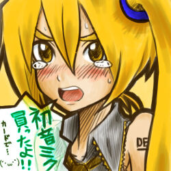 1girl akita_neru arm_tattoo bare_shoulders blonde_hair blush collared_shirt crying crying_with_eyes_open double-parted_bangs grey_shirt hair_between_eyes long_hair lowres necktie nose_blush open_mouth shirt side_ponytail smith_hioka solo speech_bubble sweat tattoo tears teeth translation_request upper_body upper_teeth_only v-shaped_eyebrows vocaloid yellow_background yellow_eyes yellow_necktie