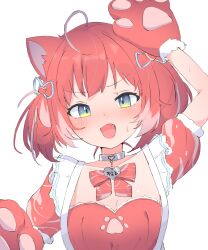 Rule 34 | 1girl, :d, ahoge, akami karubi, amekko, animal ears, arm up, blush, bow, cat ears, cat hair ornament, choker, collar, collarbone, crazy raccoon, dress, fang, frills, fur-trimmed sleeves, fur trim, gloves, green eyes, grey eyes, hair ornament, hand up, heart pendant, looking at viewer, metal collar, multicolored eyes, multicolored hair, open mouth, paw gloves, pendant choker, red bow, red dress, red gloves, red hair, short sleeves, short twintails, simple background, smile, sweatdrop, twintails, upper body, v-shaped eyebrows, virtual youtuber, white background