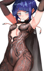 1girl absurdres armpits arms_up audio_jack black_cape black_dress black_eyes blue_hair boku_no_hero_academia breasts cape chronopattern_dress dress highres jiro_kyoka long_earlobes looking_at_viewer meme_attire sanpaku short_hair sidelocks simple_background small_breasts solo virtual_youtuber white_background zd_(pixiv6210083)