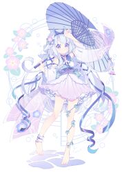 Rule 34 | 1girl, arm up, bare shoulders, barefoot, blue hair, blue hairband, blue ribbon, blunt bangs, blush, bow hairband, closed mouth, commentary request, detached sleeves, dress, flower, full body, hair flower, hair ornament, hair ribbon, hairband, highres, holding, holding umbrella, hyou (pixiv3677917), long hair, looking at viewer, morning glory, original, plant, purple dress, purple eyes, purple umbrella, ribbon, single ankle cuff, sleeveless, sleeveless dress, smile, solo, standing, umbrella, vines, white background, white sleeves, wide sleeves