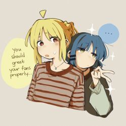 Rule 34 | ..., 2girls, absurdres, ahoge, blonde hair, blue hair, bocchi the rock!, detached ahoge, english text, grey background, hair ornament, hairclip, highres, ijichi nijika, jewelry, machuuu68, multiple girls, necklace, red eyes, shirt, short hair, side ponytail, simple background, sparkle, striped clothes, striped shirt, sweat, v, yamada ryo, yellow eyes