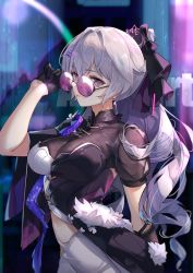 1girl absurdres asymmetrical_gloves black_gloves black_ribbon blurry blurry_background breasts bronya_zaychik bronya_zaychik_(heart_of_the_night) bronya_zaychik_(silverwing:_n-ex) chinese_commentary cityscape clothing_cutout clothing_request commentary_request drill_hair earrings eyelashes fur_trim gloves grey_eyes grey_hair hair_ribbon half_gloves highres honkai_(series) honkai_impact_3rd jewelry large_breasts looking_at_viewer mismatched_gloves outdoors ponytail ribbon ringlets serious single_half_glove solo stomach_cutout sunglasses tinted_eyewear upper_body zomzomzomsauce