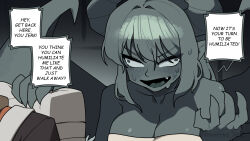 1boy 1girl :o artist_name backpack bag black_eyes blush breasts brown_hair colored_sclera colored_skin commentary demon_girl demon_horns demon_wings english_commentary english_text fang gargoyle gomulgong grey_eyes grey_hair grey_horns grey_sclera grey_skin highres horns indoors large_breasts long_hair original solid_oval_eyes solo_focus speech_bubble twitter_username wall-eyed wings