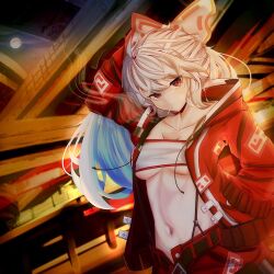1girl alternate_costume belt bow bra breasts buckle cigarette collarbone elevated_highway fujiwara_no_mokou full_moon hand_in_own_hair hand_in_pocket highres highway hood hooded_jacket jacket long_sleeves medium_breasts moon navel no_panties ofuda ofuda_on_clothes open_belt open_fly overpass pants rea060606 red_eyes red_pants smoke smoking solo stomach suspenders touhou underboob underwear white_bow white_bra white_hair