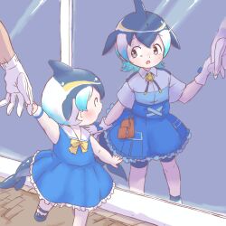1girl adapted_costume aged_down bare_shoulders bike_shorts_under_skirt black_hair black_shoes black_socks blonde_hair blowhole blue_dress blue_eyes blue_hair blue_shirt blue_skirt blush bow bowtie cetacean_tail child collared_shirt common_dolphin_(kemono_friends) disembodied_hand dorsal_fin dress epaulettes fins fish_tail frilled_dress frilled_skirt frills gloves head_fins high-waist_skirt holding_hands jacket kemono_friends maki_(02uh14l1b740ao2) multicolored_hair official_alternate_costume pleated_dress reflection safari_jacket sailor_collar sailor_dress shirt shoes short_hair short_sleeves skirt sleeveless socks tail two-tone_shirt white_gloves white_hair white_shirt white_socks wristband yellow_bow yellow_bowtie