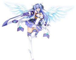 1girl bare_shoulders blue_eyes blue_hair blush boots breasts cleavage covered_navel dress elbow_gloves exs-tia exs-tia_(kouyoku_senki_exs-tia_3) full_body gloves gluteal_fold gunblade hair_intakes hair_ornament headgear high_heel_boots high_heels highres holding holding_sword holding_weapon inoino katsuragi_marina kouyoku_senki_exs-tia large_breasts leg_up long_hair looking_at_viewer lusterise magical_girl medium_breasts official_art open_mouth outstretched_arm panties pleated_skirt skirt smile solo standing standing_on_one_leg sword thigh_boots thigh_gap thighhighs transparent_background underwear weapon white_gloves wings zettai_ryouiki