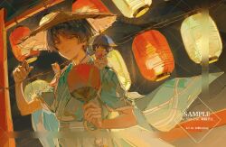 1boy alternate_costume animalization aranara_(genshin_impact) artist_name blunt_ends brown_hat commission eyelashes festival fingernails fireworks genshin_impact green_kimono grey_eyes grey_hair hand_fan hands_up hat highres holding holding_fan japanese_clothes kimono lantern lic_617 looking_at_viewer male_focus open_mouth outdoors paper_lantern person_and_animalization pom_pom_(clothes) scaramouche_(genshin_impact) short_sleeves solo sparkler straw_hat tasuki tsurime upper_body watermark watermark_grid white_mouth yukata
