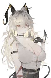 Rule 34 | 1girl, absurdres, arm strap, bare shoulders, black choker, black collar, black gloves, black horns, black tail, blonde hair, breasts, button gap, choker, closed mouth, collar, collarbone, commentary, curled horns, demon tail, gloves, hair between eyes, hand up, highres, horns, large breasts, long hair, looking at viewer, mole, mole on breast, pijabuldalg, red pupils, shirt, shirt tucked in, simple background, solo, tail, white background, white eyes, white shirt, wuthering waves, zani (wuthering waves)