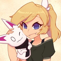 1girl absurdres artist_self-insert black_scarf black_shirt blonde_hair blue_eyes cheek-to-cheek closed_mouth collarbone commentary extra_arms fangs hand_puppet heads_together highres looking_at_viewer nelly_(xyronii) one_eye_closed original pointy_ears ponytail puppet scarf shirt short_sleeves symbol-only_commentary xyronii yellow_background