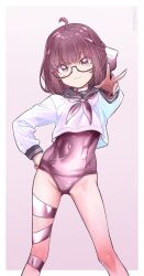 1girl :3 bow covered_navel fallenshadow glasses gold highres indie_virtual_youtuber navel one-piece_swimsuit pettan_(zeez4743) purple_bow purple_eyes purple_hair purple_one-piece_swimsuit ribbon school_uniform serafuku solo swimsuit virtual_youtuber white_serafuku