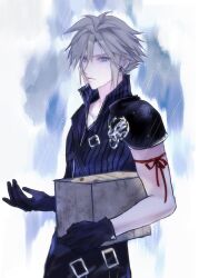 1boy 3_3lecho absurdres arm_ribbon armor black_gloves blonde_hair blue_eyes box cardboard_box closed_mouth cloud_strife earrings final_fantasy final_fantasy_vii final_fantasy_vii_advent_children gloves highres holding holding_box jewelry male_focus pauldrons rain ribbon shoulder_armor single_earring single_pauldron spiked_hair standing waist_cape wet wet_hair