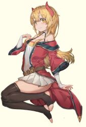 Rule 34 | 1girl, absurdres, bare shoulders, belt, belt buckle, black choker, black thighhighs, blonde hair, blush, brown belt, buckle, choker, closed mouth, coat, commission, dress, floating, free style (yohan1754), gold trim, hair between eyes, halter dress, halterneck, hand up, highres, horns, jacket, long hair, long sleeves, looking at viewer, mase (hwangabi), microdress, no shoes, off-shoulder jacket, off shoulder, original, pleated dress, pom pom (clothes), red coat, red horns, red jacket, second-party source, simple background, smile, solo, stirrup legwear, thighhighs, thighs, toeless legwear, white background, white dress, white thighhighs, wide sleeves, yellow eyes, zettai ryouiki