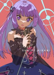 Rule 34 | 1girl, :o, aikatsu!, aikatsu! (series), bare shoulders, black dress, blue ribbon, blunt bangs, character name, commentary, detached collar, detached sleeves, dress, hair ribbon, hand up, hashtag-only commentary, highres, hikami sumire, holding, holding microphone, idol, idol clothes, ligne claire, long hair, long sleeves, looking at viewer, microphone, open mouth, purple eyes, purple hair, red background, ribbon, semham, simple background, solo, sparkle