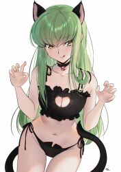1girl :q absurdres animal_ears bell black_bra black_choker black_panties bra budgiepon c.c. cat_cutout cat_ears cat_lingerie cat_tail choker cleavage_cutout clothing_cutout code_geass collarbone green_hair hands_up highres jingle_bell long_hair looking_at_viewer meme_attire navel neck_bell panties paw_pose simple_background sitting solo stomach tail tongue tongue_out underwear very_long_hair white_background yellow_eyes