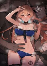 Rule 34 | 1girl, 2boys, bed, bikini, bikini pull, black neckerchief, blue bikini, breasts, brown eyes, brown hair, clothes pull, commentary request, johnston (kancolle), johnston kai (swimsuit) (kancolle), kantai collection, large breasts, long hair, looking at viewer, lying, marker, multiple boys, neckerchief, shin (new), smile, solo focus, swimsuit, translation request, two side up, v
