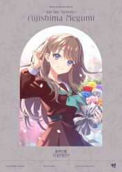 1girl absurdres album_cover arm_up black_gloves blue_flower blue_rose bouquet brown_dress brown_hair character_logo character_name cherry_blossoms closed_mouth commentary_request copyright_logo cover dress english_text falling_petals flower fujishima_megumi gloves graduation green_flower green_rose grey_flower grey_rose group_name half_gloves hasu_no_sora_school_uniform highres holding holding_bouquet link!_like!_love_live! long_hair long_sleeves love_live! official_art orange_flower orange_rose petals pink_flower pink_petals pink_rose pleated_dress purple_eyes purple_flower purple_rose rose sailor_collar sailor_dress school_uniform second-party_source smile solo split_mouth two_side_up virtual_youtuber white_sailor_collar winter_uniform yellow_flower yellow_rose