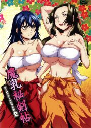 2girls absurdres age_difference blue_hair blush box_art breasts bust_chart cleavage embarrassed forehead fundoshi green_hair hair_down hakama hakama_skirt hand_on_breast hand_on_own_hip heavy_breasts highres huge_breasts japanese_clothes large_breasts lipstick long_hair makeup manyuu_chifusa manyuu_hikenchou mature_female multiple_girls navel official_art scan sexual_tension shiny_skin skirt stomach sweat toyo_(manyuu_hikenchou) underboob wide_hips