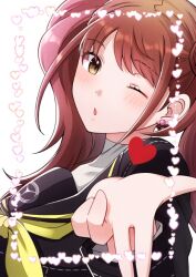 1girl blowing_kiss brown_hair ear_piercing eyelashes heart inset_border kujikawa_rise kureha_jhsh looking_at_viewer one_eye_closed open_mouth outside_border persona persona_4 piercing solo twintails upper_body white_background yellow_eyes