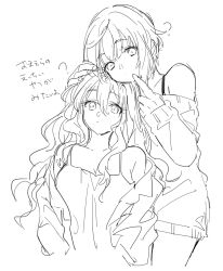 2girls ? absurdres amane_(7783) bare_shoulders camisole closed_mouth commentary_request greyscale hand_on_another&#039;s_head highres ichinose_shiki idolmaster idolmaster_cinderella_girls long_hair long_sleeves looking_at_viewer miyamoto_frederica monochrome multiple_girls off-shoulder_sweater off_shoulder short_hair sweater translation_request