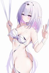 1girl absurdres ass bandages bare_shoulders breasts bright_pupils castorice_(honkai:_star_rail) chest_sarashi cowboy_shot grey_hair hands_up highres honkai:_star_rail honkai_(series) long_hair medium_breasts pointy_ears purple_eyes sarashi solo standing twisted_torso very_long_hair white_background white_pupils zerotwenty_(020)
