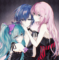 1boy 2girls absurdres acute_(vocaloid) aqua_eyes aqua_hair aqua_nails bare_arms bare_shoulders belt black_choker black_dress black_ribbon black_sleeves blue_hair bow choker closed_mouth commentary detached_sleeves dress english_commentary grey_eyes hair_between_eyes hair_bow hair_intakes hand_on_another&#039;s_cheek hand_on_another&#039;s_chest hand_on_another&#039;s_face hatsune_miku hatsune_miku_(innocent) hetero highres hug kaito_(guilty)_(vocaloid) kaito_(vocaloid) long_hair looking_at_viewer megurine_luka megurine_luka_(amour) multiple_girls parted_lips pink_eyes pink_hair pink_nails purple_bow red_belt ribbon ribbon-trimmed_dress ribbon-trimmed_sleeves ribbon_choker ribbon_trim shiruru531 short_hair sidelocks strapless strapless_dress striped_belt twintails vocaloid