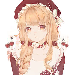 Rule 34 | 1girl, argyle choker, blonde hair, blunt bangs, blush, bow, cherry, choker, collarbone, dot nose, expressionless, eyelashes, floral print, flower, food, frilled headwear, frilled vest, frills, fruit, hair half over shoulder, hair intakes, hair ornament, hair scrunchie, halftone, halftone background, hat, hat bow, highres, hou mianbao gou, infinity nikki, light blush, long hair, long sleeves, low twintails, mob cap, neck flower, nikki (series), nose blush, parted lips, polka dot, polka dot scrunchie, red choker, red hat, red scrunchie, red sweater, rose, rose print, scrunchie, sewing pin, sidelocks, solo, sparkling eyes, sweater, twintails, upper body, vest, white background, white bow, white flower, white rose, white vest, yellow eyes