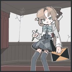 1girl akigumo_(kancolle) akigumo_kai_ni_(kancolle) bb_15hz black_border black_thighhighs blue_bow blue_bowtie border bow bowtie brown_hair crack cracked_wall curtains hair_ribbon holding holding_pencil holding_sketchbook indoors jacket kantai_collection long_hair long_sleeves looking_at_viewer open_mouth pencil ponytail ribbon silk sketchbook skirt solo spider_web sweat thigh_strap thighhighs white_jacket