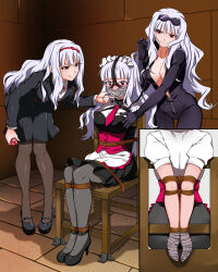 3girls arms_behind_back artist_request ball_gag bdsm bondage boubd_arms bound bound_legs chair_bondage egg_vibrator female_focus gag gag_harness gagged idolmaster improvised_gag maid multiple_girls restrained sex_toy shibari shibari_over_clothes shijou_takane tagme tape tape_gag taped_hands vibrator