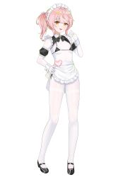 1girl absurdres bodystocking hand_on_own_hip highres maid medium_hair original pantyhose pink_hair side_ponytail white_background white_pantyhose yellow_eyes zhthktk